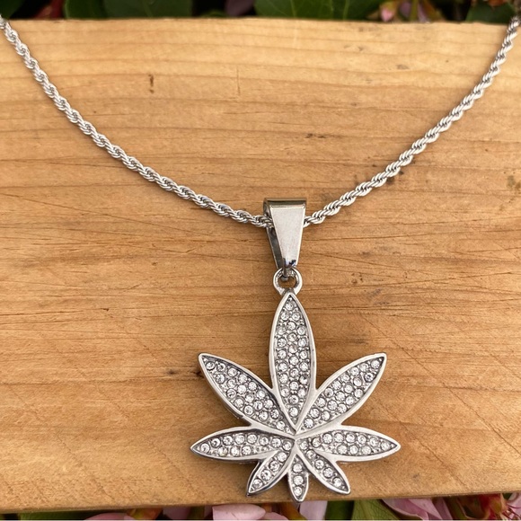 Cannabis leaf Pendant Stainless Steel  Necklace Pave In Clear CZ Women Man Cool - Picture 2 of 5